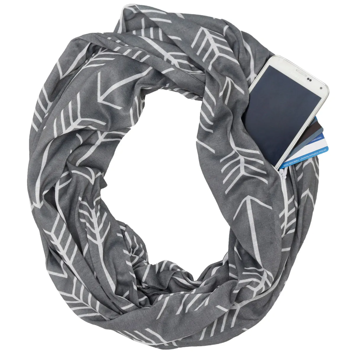 Pop Fashion Women's Arrow Patterned Infinity Scarf with Zipper Pocket, Travel Infinity Scarves