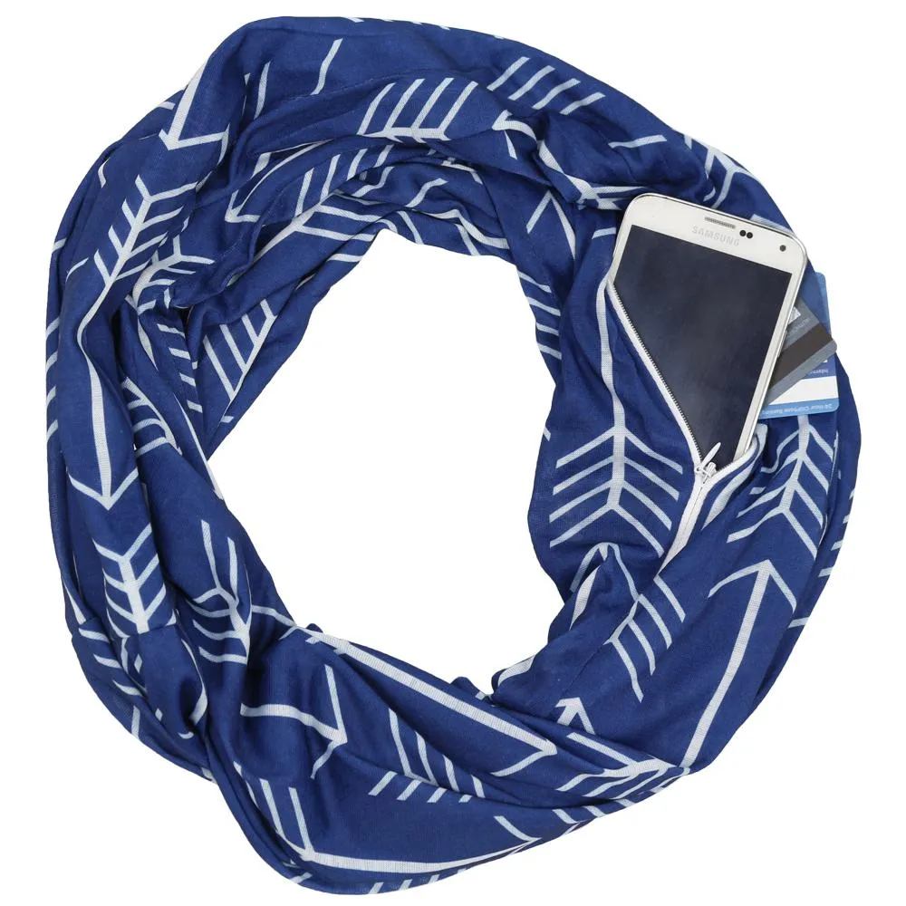 Pop Fashion Women's Arrow Patterned Infinity Scarf with Zipper Pocket, Travel Infinity Scarves