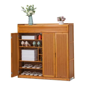 premium Bamboo 7 Tiers 43 Pairs Shoes Cabinet with Door, Storage Shelf, Brown, for Entryway