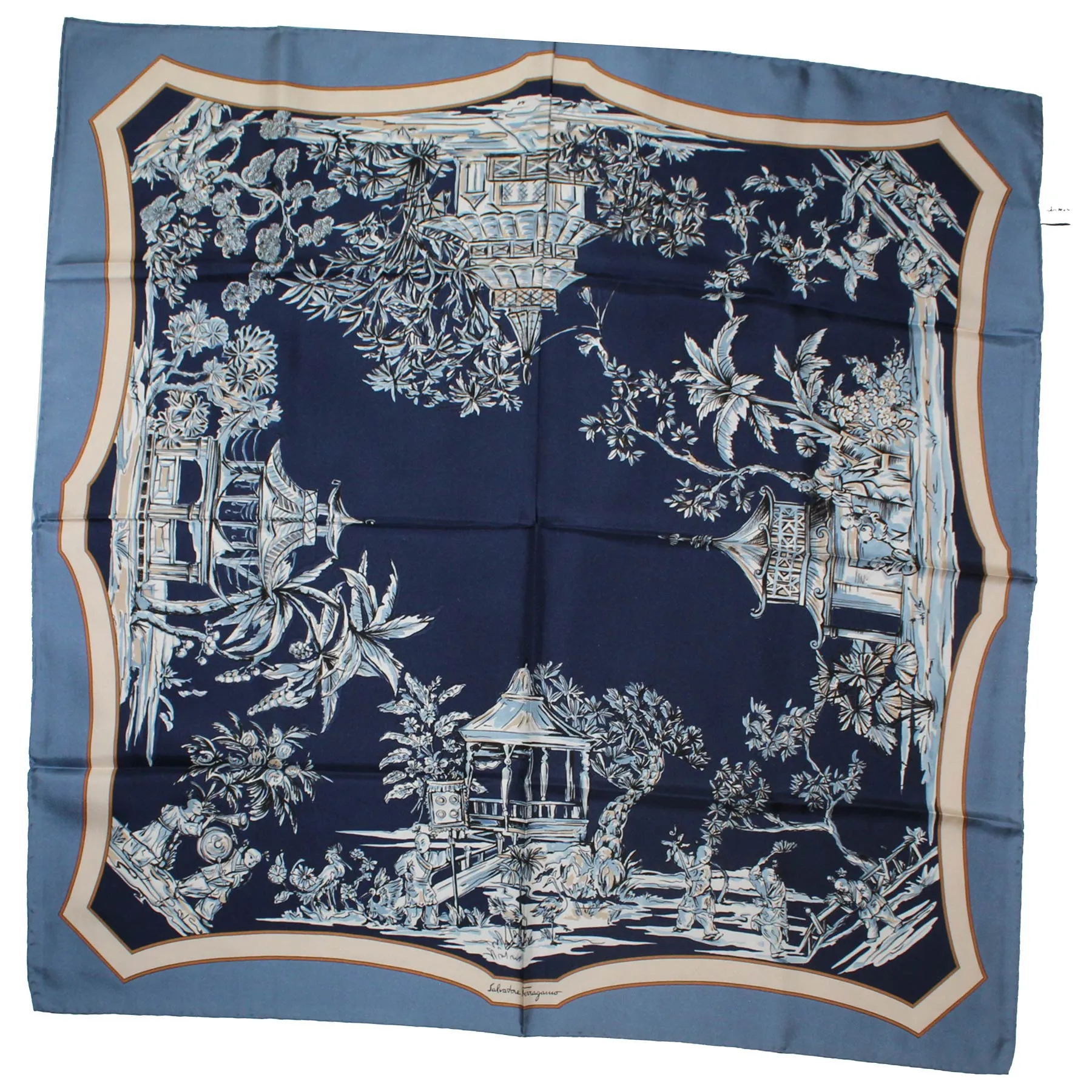 Salvatore Ferragamo Scarf Dark Blue Japanese Garden - Twill Silk Foulard SALE