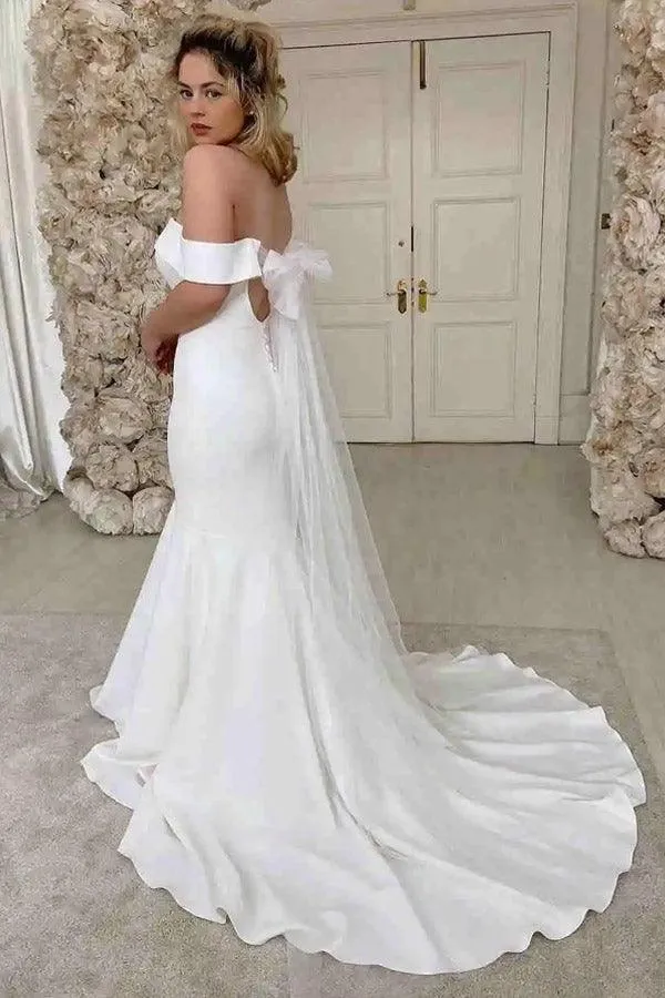 Simple Mermaid Off The Shoulder Ivory Satin Wedding Dress  WD605