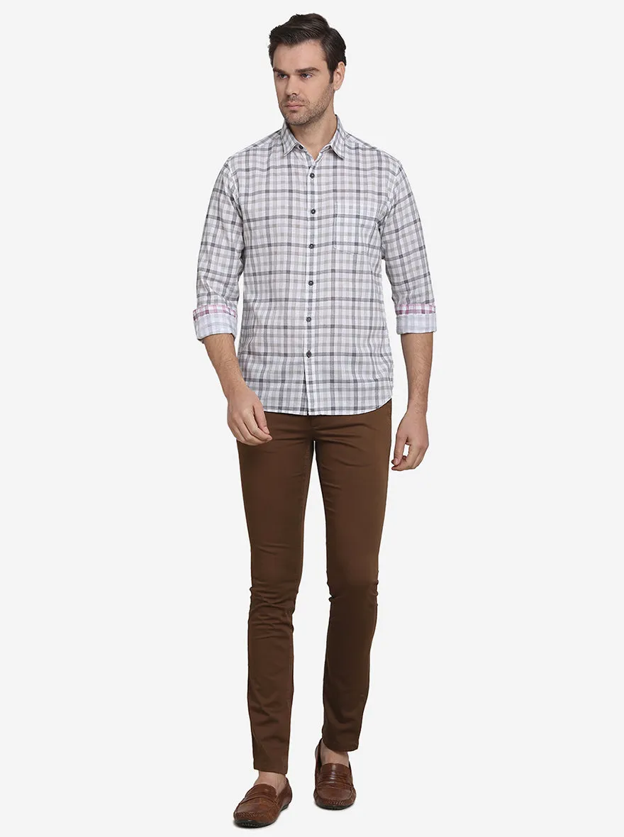 Stone Grey & White Checked Slim Fit Casual Shirt | Greenfibre