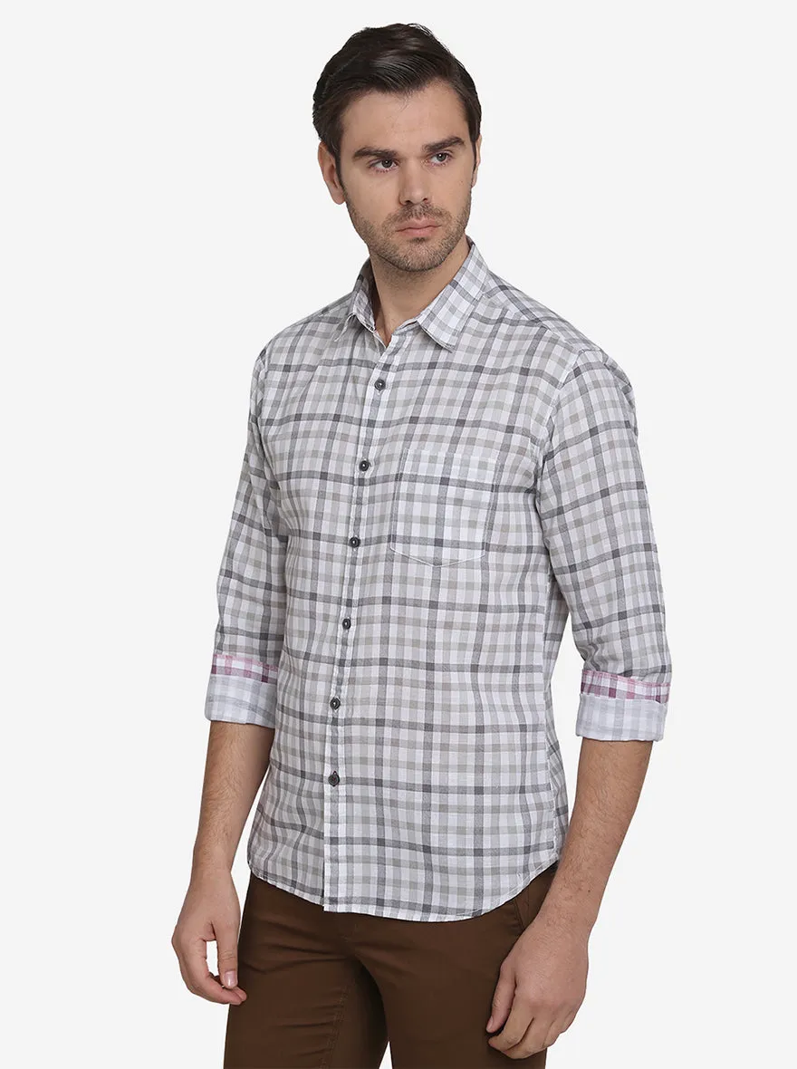 Stone Grey & White Checked Slim Fit Casual Shirt | Greenfibre