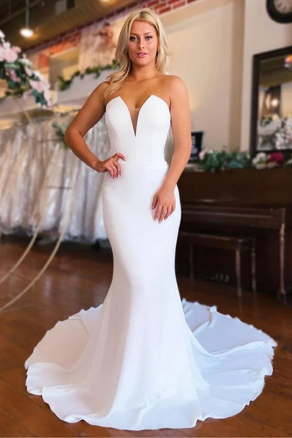 Strapless Chapel Train Mermaid Long Satin Wedding Dresses WD603