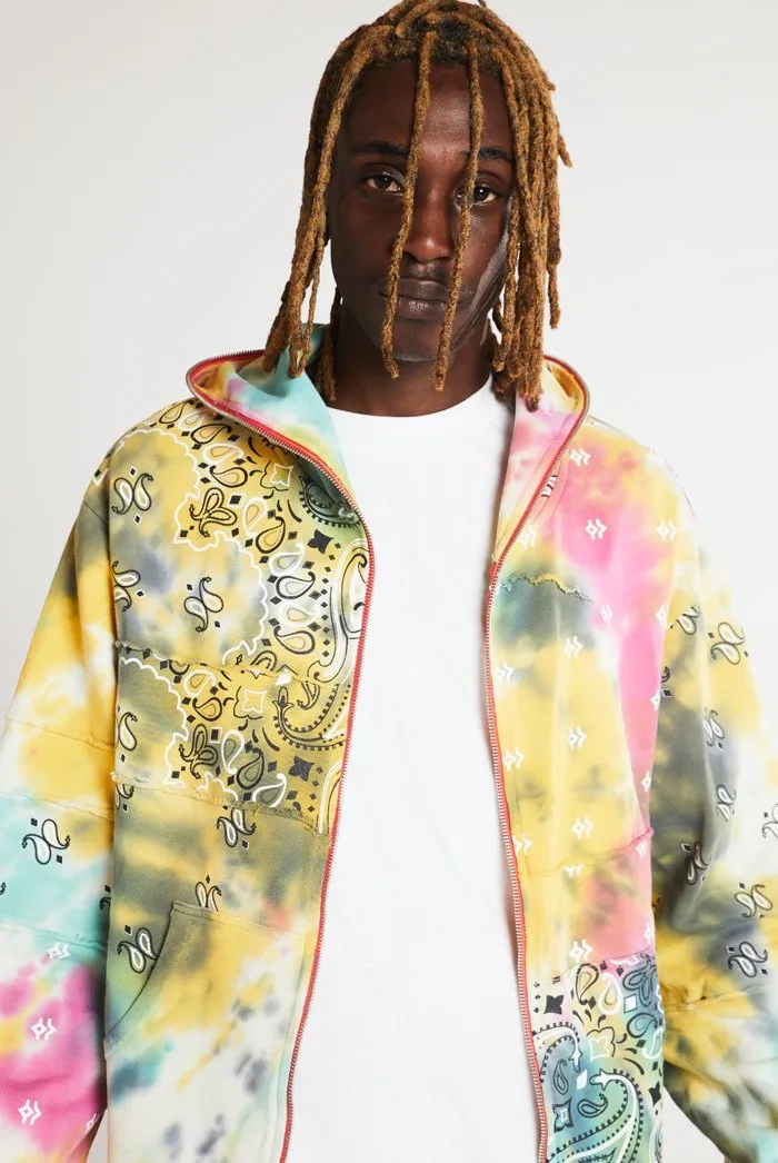 Tie Dye Paisley Cut & Sew Zip Up Hoodie