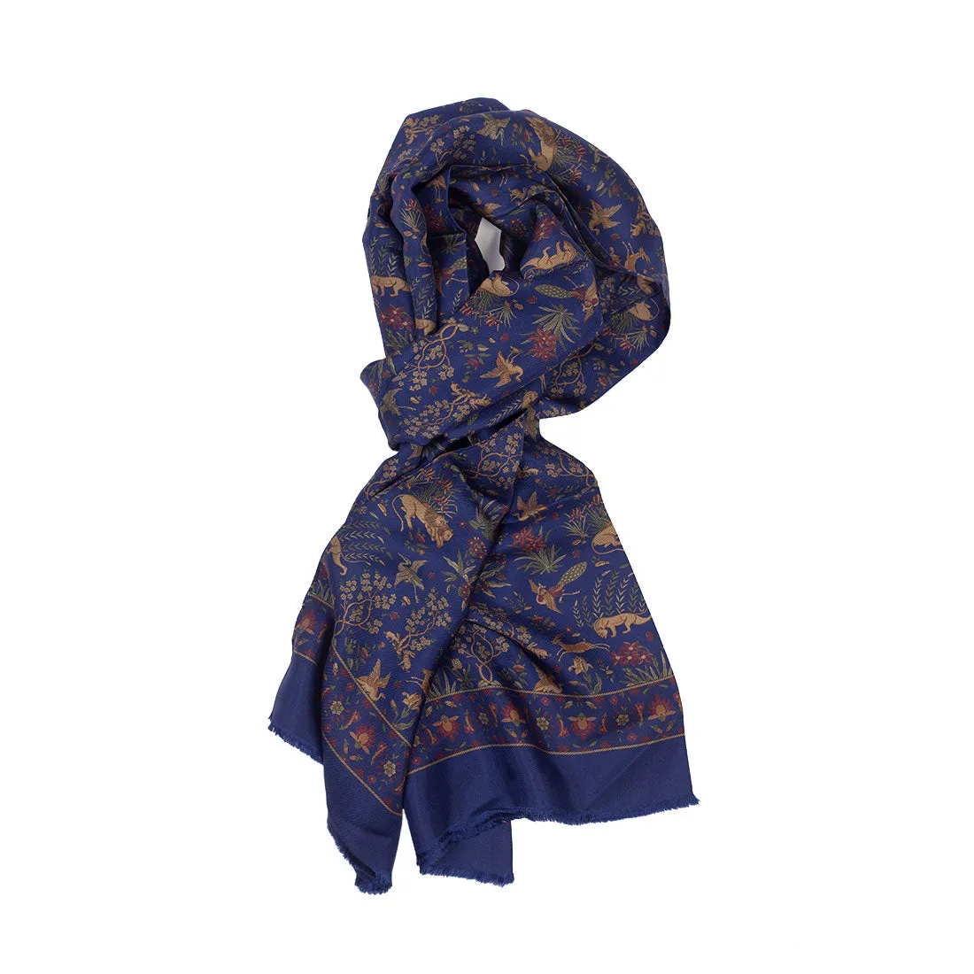 Tubular silk scarf, navy with animals print