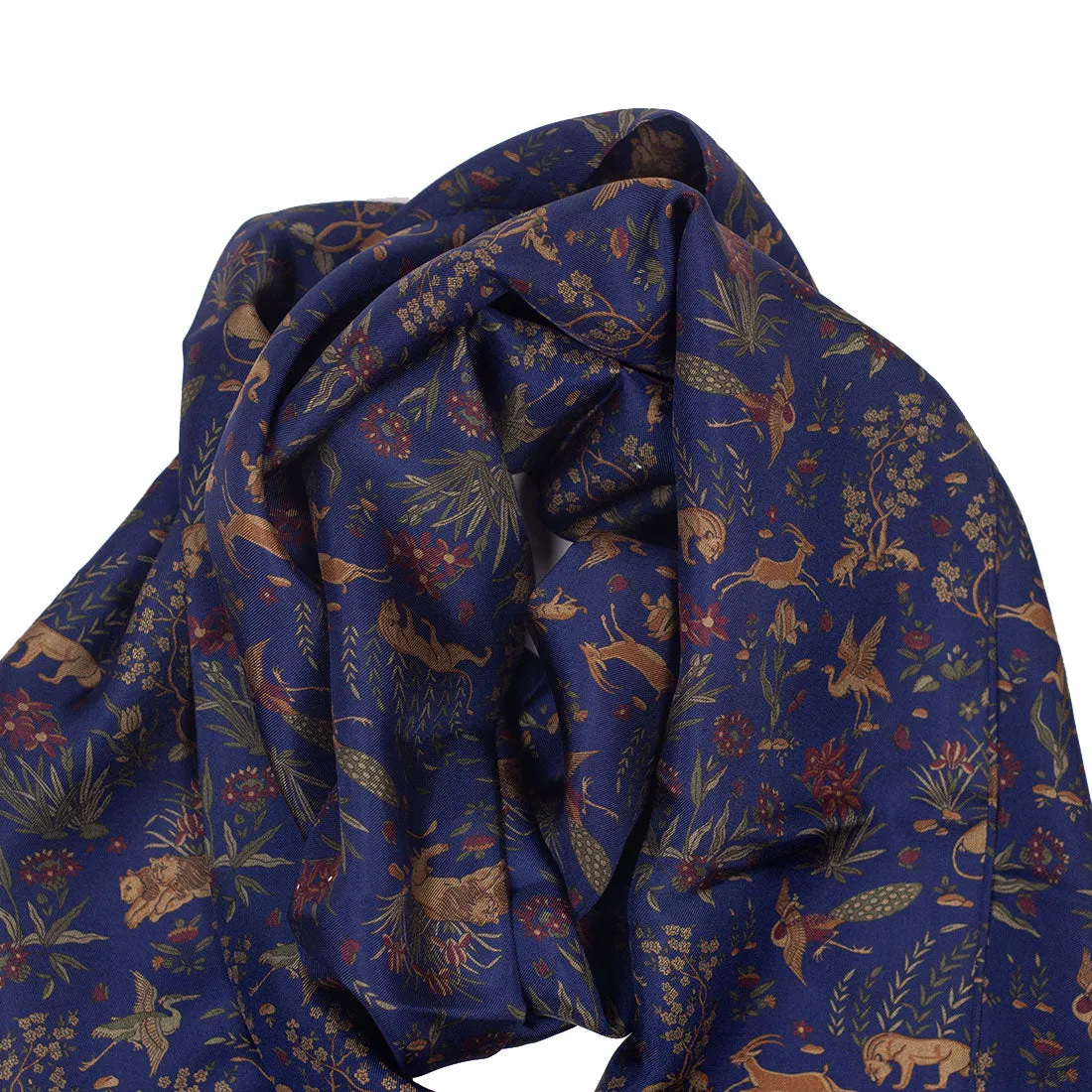 Tubular silk scarf, navy with animals print