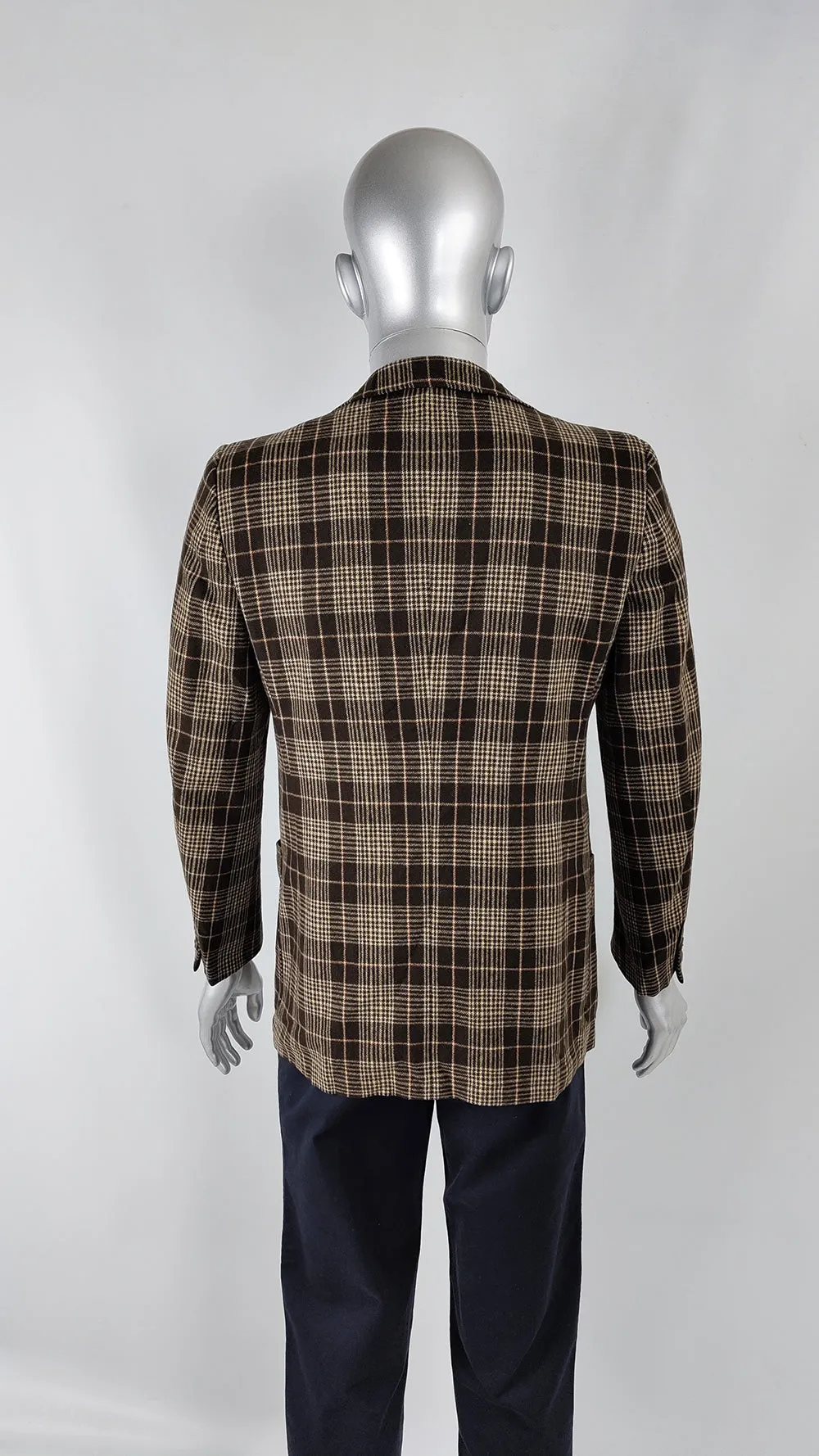 Vintage Mens Brown Checked Wool Fully Canvassed Blazer Jacket, 1970s