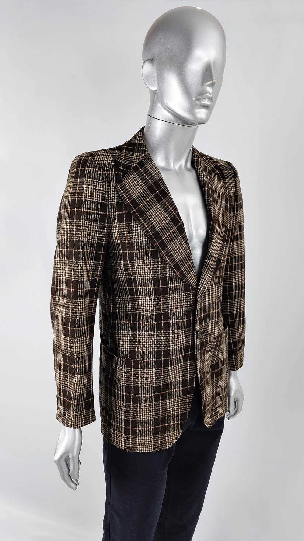 Vintage Mens Brown Checked Wool Fully Canvassed Blazer Jacket, 1970s