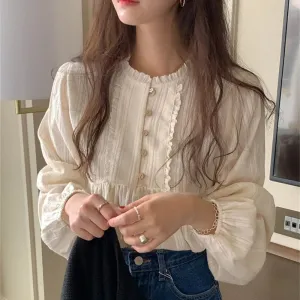 White Retro Office Casual Pullover Street Blouse