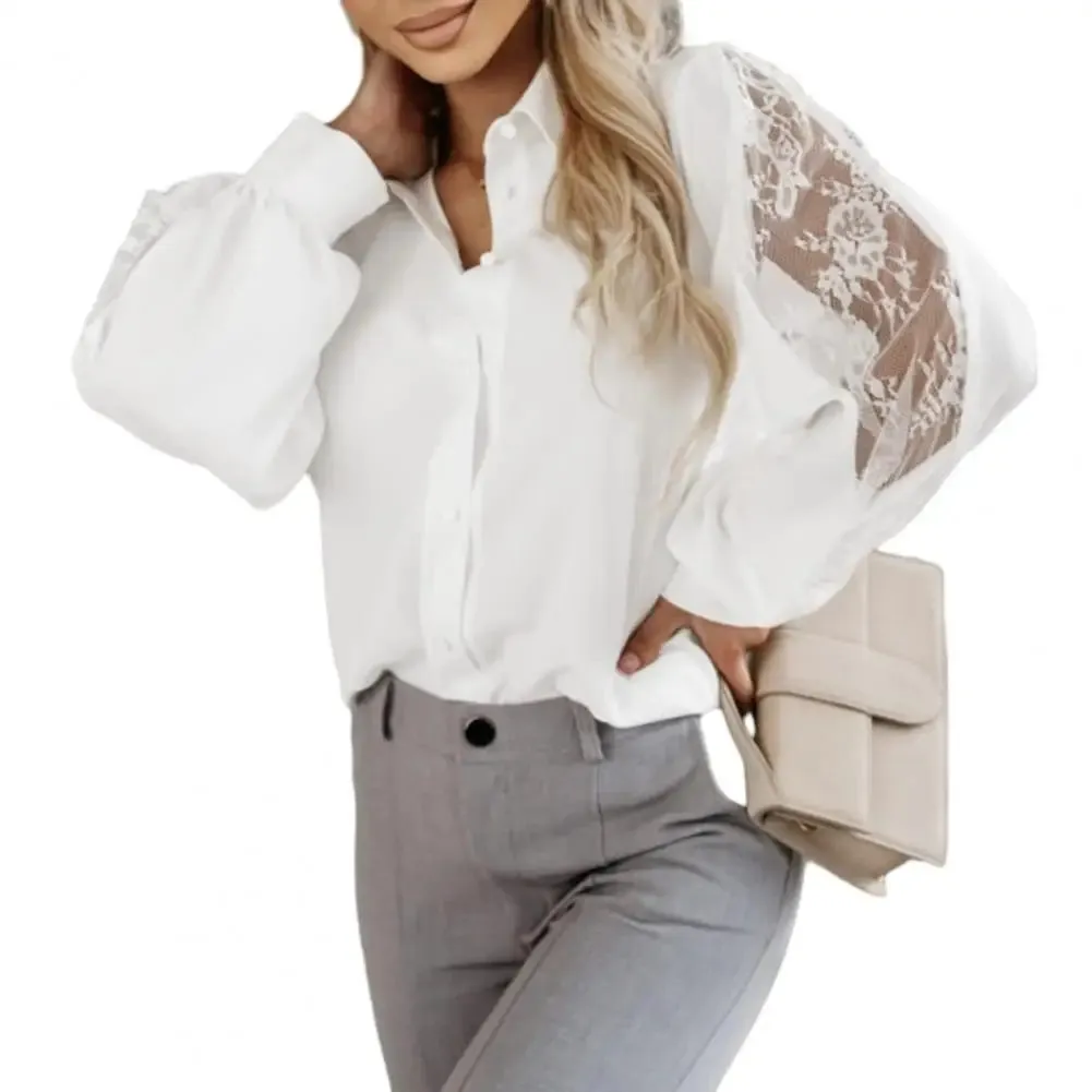 Women Shirt Lace Embroidery Long Sleeve Turn-down Collar Commute Blouse