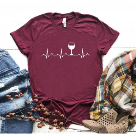 Women Stylish Wine Heartbeat T Shirts