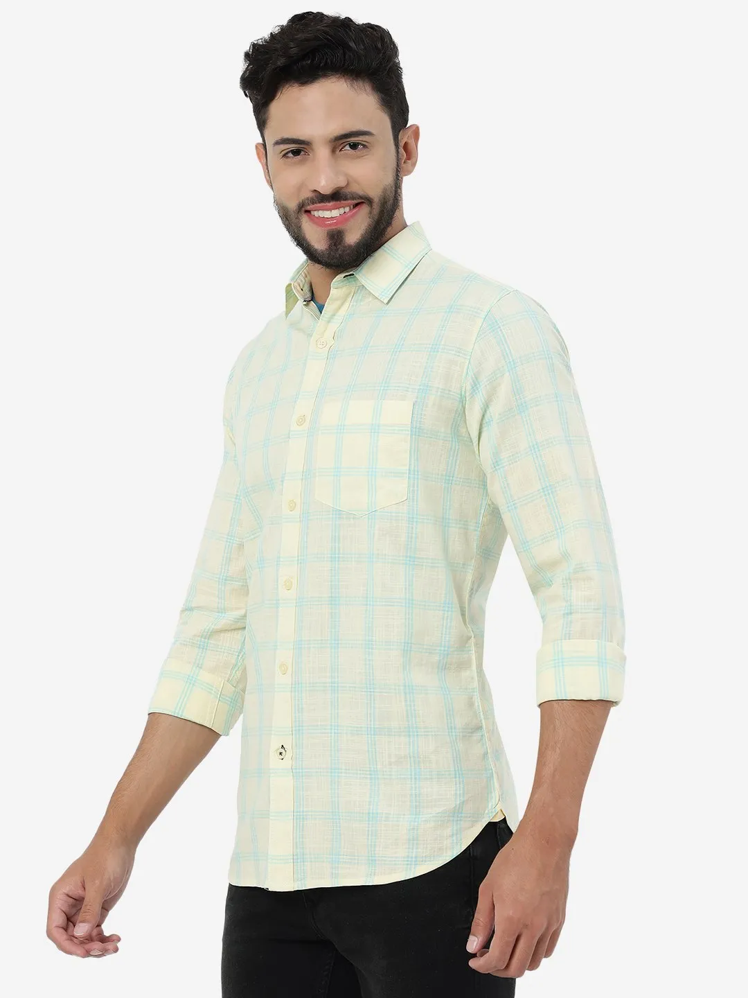 Yellow Checked Slim Fit Casual Shirt | JadeBlue