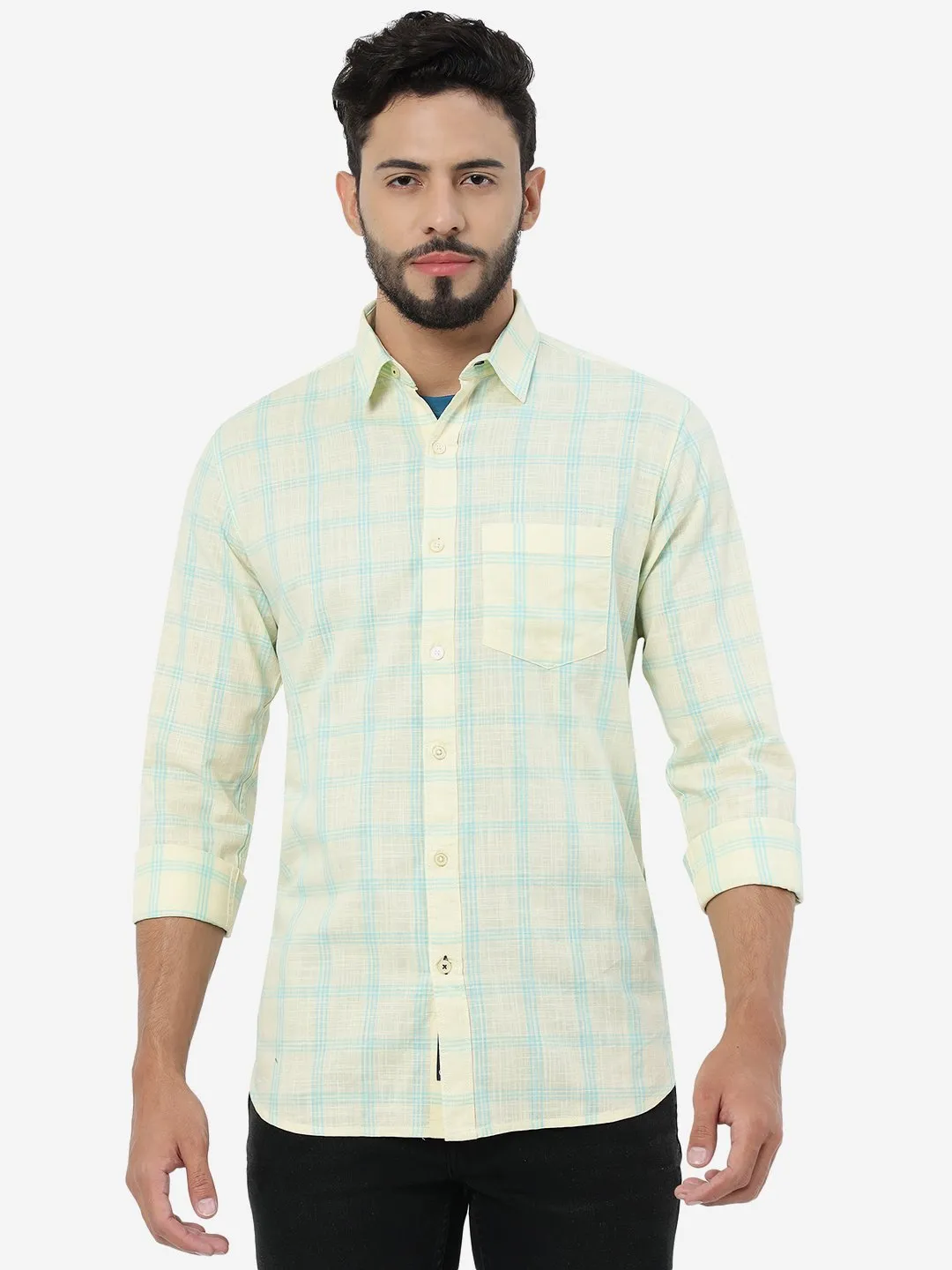 Yellow Checked Slim Fit Casual Shirt | JadeBlue